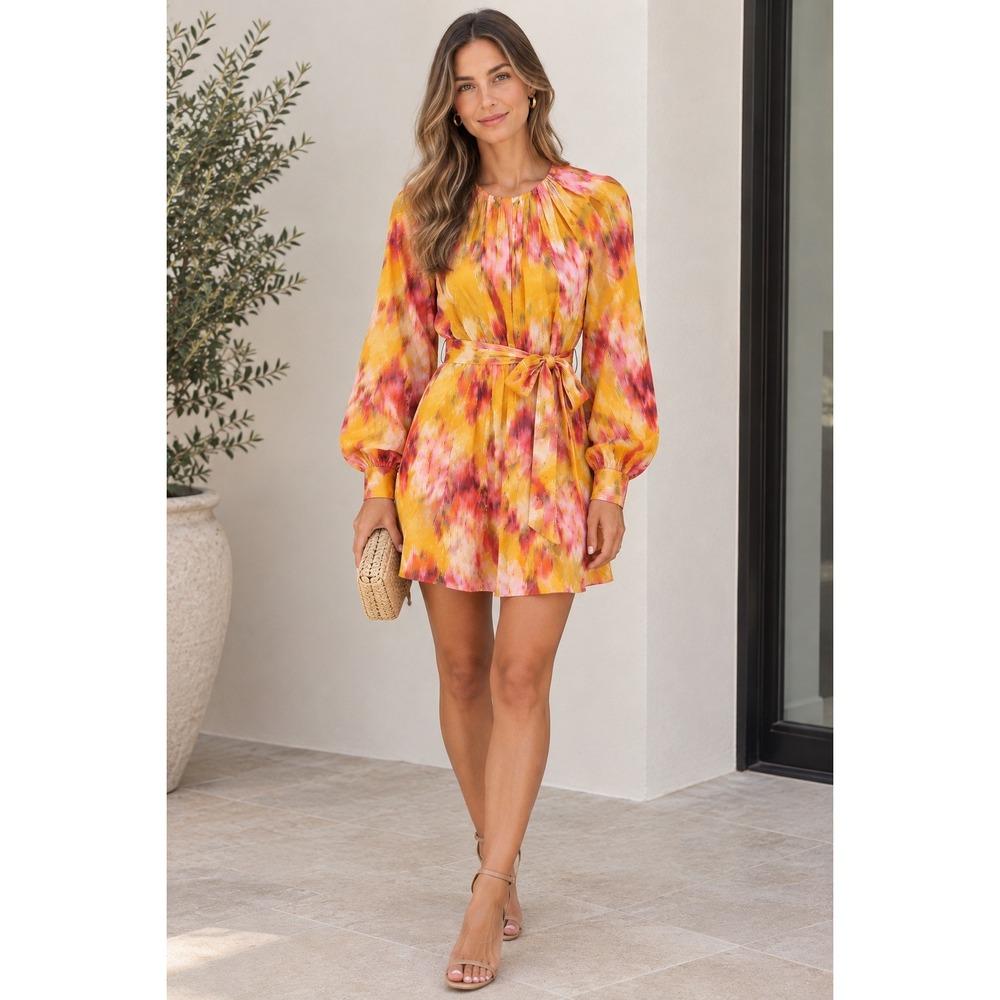 Ted Baker Orange Pink Abstract Print Long Sleeve Belted Mini Dress Size 2
